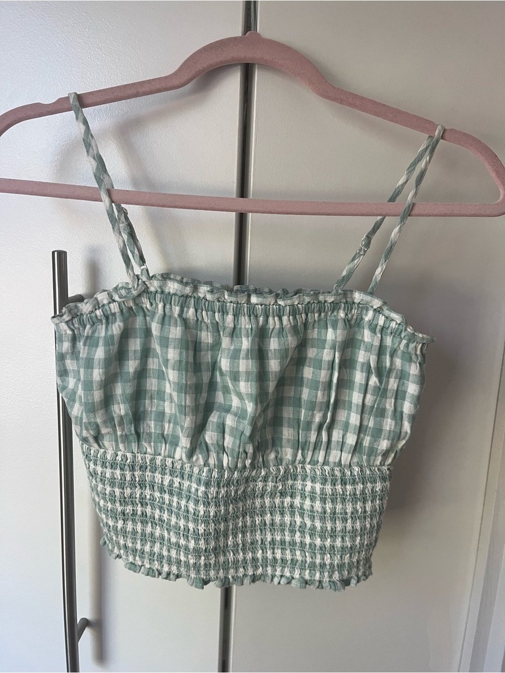 American Eagle Outfitters Sage Green Gingham Smocked Top